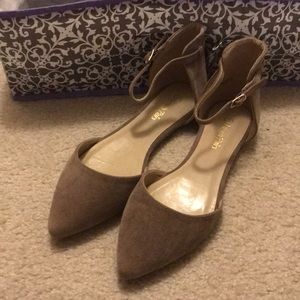 Tan suede flats with ankle strap